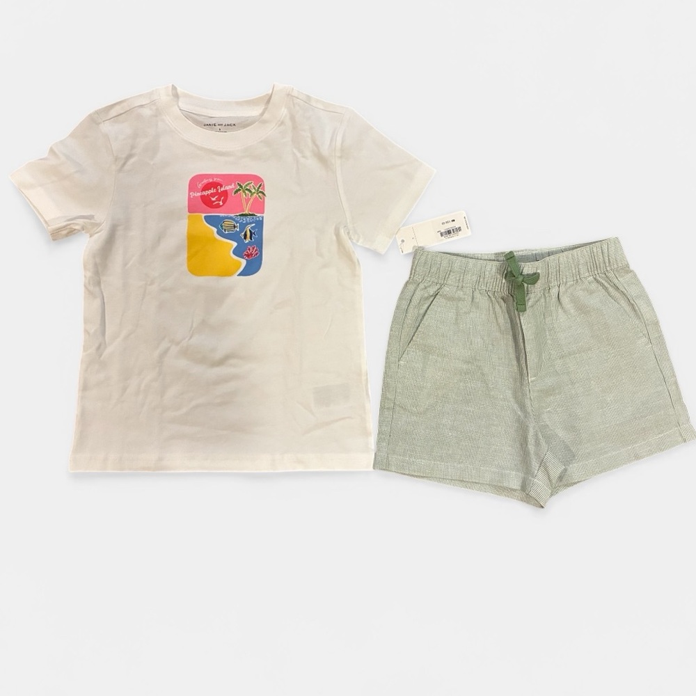 NWT- Janie and Jack Postcard Tee with Preloved Green Striped Shorts Summer Set